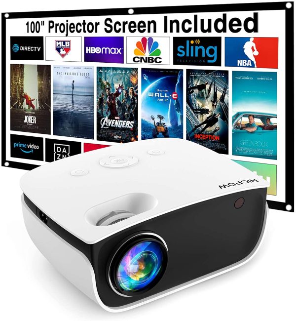 NICPOW Video Projector with 100" Projector Screen
