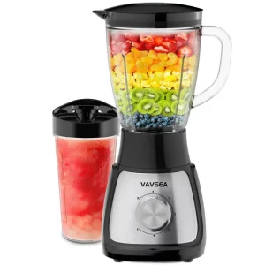 VAVSEA 1000W Countertop Blender for Shake and Smoothies, 5 Speed Kitchen Blender with 51oz Glass Jar & 20oz Travel Cup, for Ice Crush Fruit Protein Drinks Vegetable, Silver