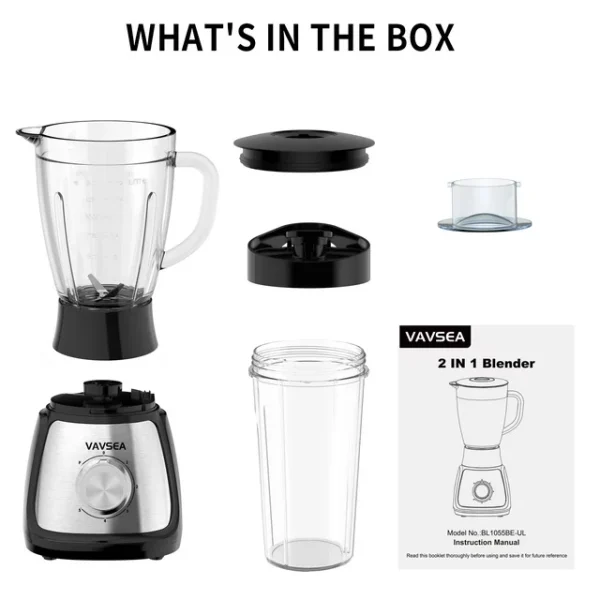 VAVSEA 1000W Countertop Blender for Shake and Smoothies, 5 Speed Kitchen Blender with 51oz Glass Jar & 20oz Travel Cup, for Ice Crush Fruit Protein Drinks Vegetable, Silver - Image 3