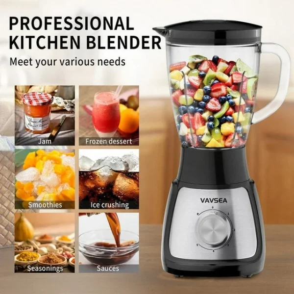 VAVSEA 1000W Countertop Blender for Shake and Smoothies, 5 Speed Kitchen Blender with 51oz Glass Jar & 20oz Travel Cup, for Ice Crush Fruit Protein Drinks Vegetable, Silver - Image 2