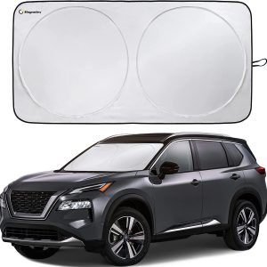 NICPOW Car Windshield Sunshade with Bonus Steering Wheel Cover Sun Shade. Reflective Polyester Blocks Heat and Sun. Foldable Sun Shield That Keeps Your Vehicle Cool