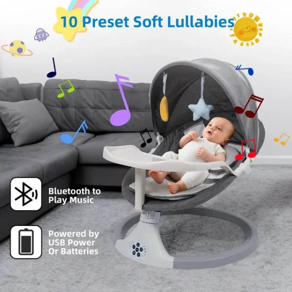 Baby Swing Chair, Baby Swing for Infants, Bluetooth Infant Swing with Music Speaker with 3 Seat Positions, 3 Timer Settings, 5 Speeds and Remote Control, Gray