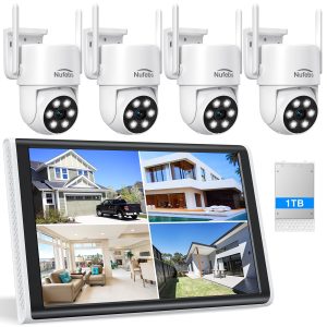 2K 4pcs Camera Wired Security System with 10" LCD Monitor, Outdoor Security Camera with Full Color Night Vision, 2-Way Audio, 355°PTZ, Motion Detection, IP65 Waterproof, 2.4G WiFi, 1TB HDD