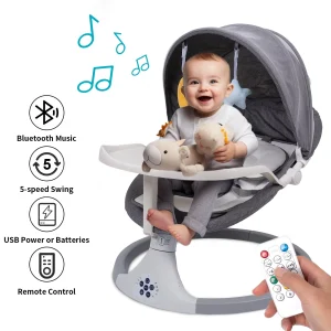 Baby Swing Chair, Baby Swing for Infants, Bluetooth Infant Swing with Music Speaker with 3 Seat Positions, 3 Timer Settings, 5 Speeds and Remote Control, Gray