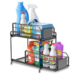 VAVSEA Metal Under Sink Organizers,  2 Tier Bathroom Cabinet Organizers, Slide Out Sink Shelf Cabinet with Sliding Drawers for Kitchen, Black, 14.17*12.6Inch