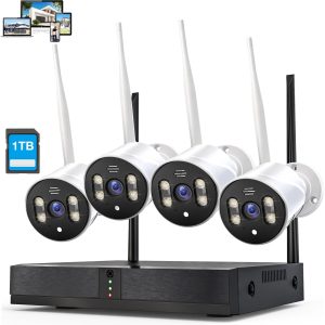 Security Camera System, 4Pcs 1080P Spotlight Color Night Vision WiFi Waterproof Security Surveillance Cameras with Pre-Installed 1TB Hard Drive and Two-Way Audio, 8 Channel NVR DC Power