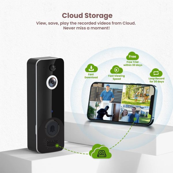 Doorbell Camera Wireless, WiFi Video Doorbell with Chime, 2 Way Audio, Smart Human Detection, Night Vision, Cloud Storage, Real Time Alert for Home