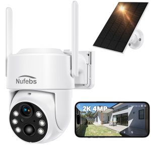 2K Solar Security Camera, Outdoor Security Camera Wireless WiFi with Panel 355°PTZ, Waterproof, Motion Detection Spotlight/Siren, Color Night Vision, 2 Way Audio, SD/Cloud, 2.4G WiFi