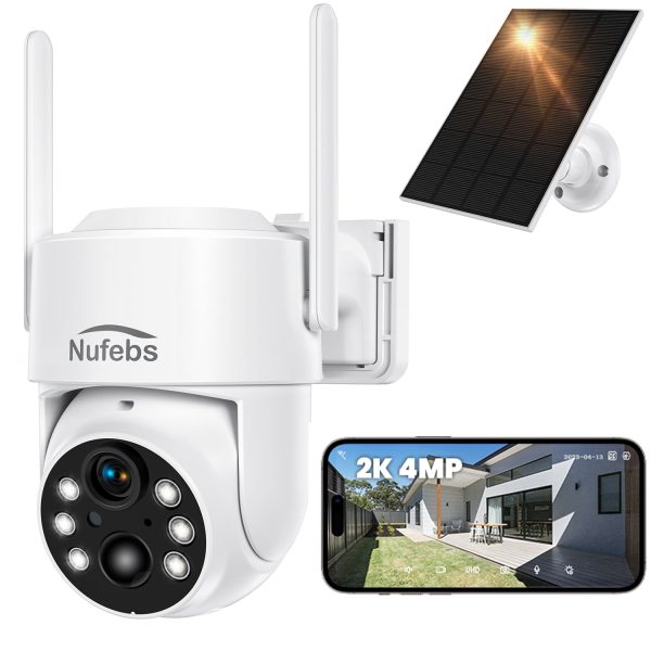 2K Solar Security Camera, Outdoor Security Camera Wireless WiFi with Panel 355°PTZ, Waterproof, Motion Detection Spotlight/Siren, Color Night Vision, 2 Way Audio, SD/Cloud, 2.4G WiFi