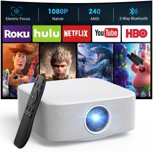 Portable Mini Projector with Electric Focus, NICPOW Full HD 1080P Projector, Bluetooth Movie Projector with Auto Keystone, Two-Way Bluetooth, Ideal for Indoor Outdoor Use, White